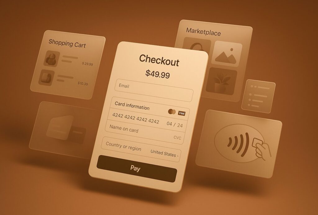 Betaalscherm van webshop checkout met winkelwagen, marktplaats en contactloze betaalkaart iconen